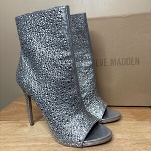 Steve Madden Dispute-R Silver Rhinestone Peep Toe Ankle Boots Stiletto Size 11